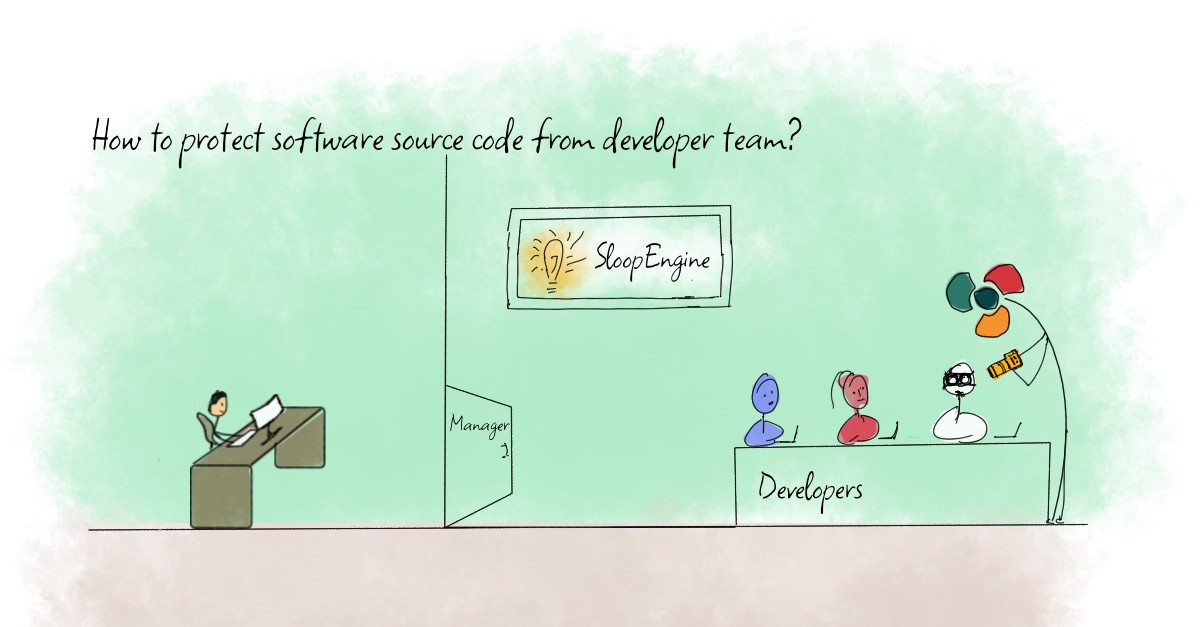 A drawing illustrates a manager thinking about how to protect source code from developers, and he got an idea of using the SloopEngine product.