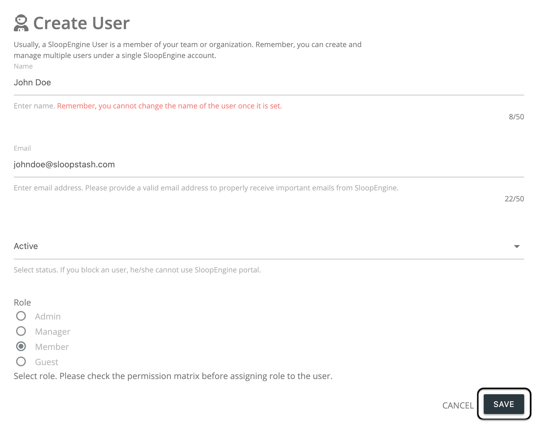 Screenshot of the account user creation form with valid information.