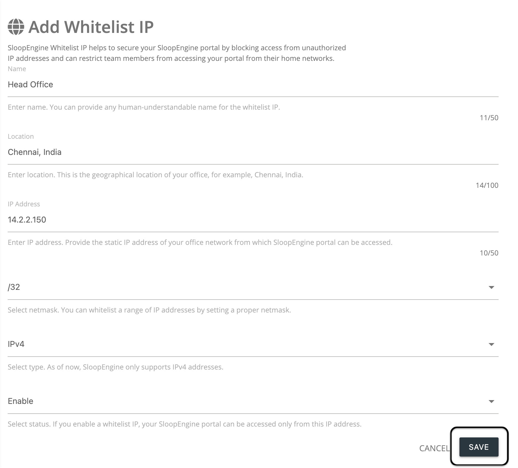Screenshot of the Whitelist IP creation form with valid information.