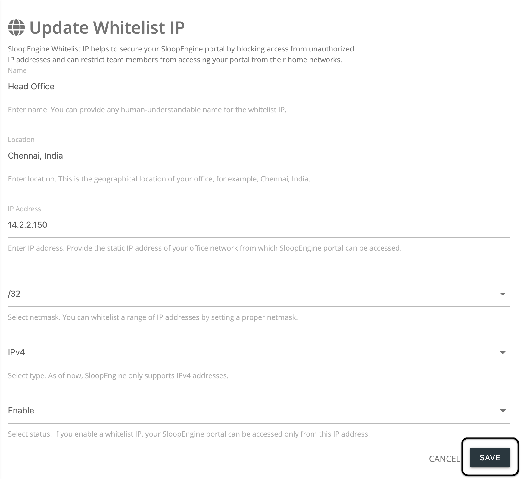 Screenshot of the Whitelist IP updation form with valid information.