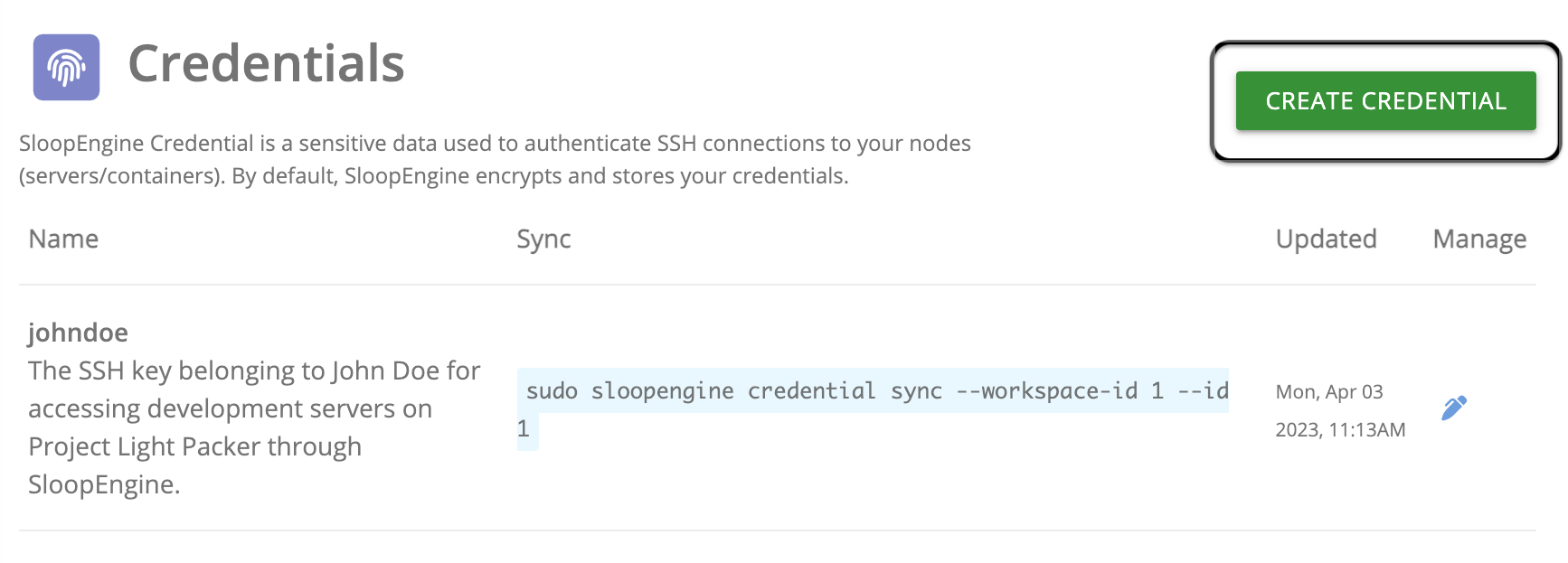 Highlighted create credential button on the credentials page.