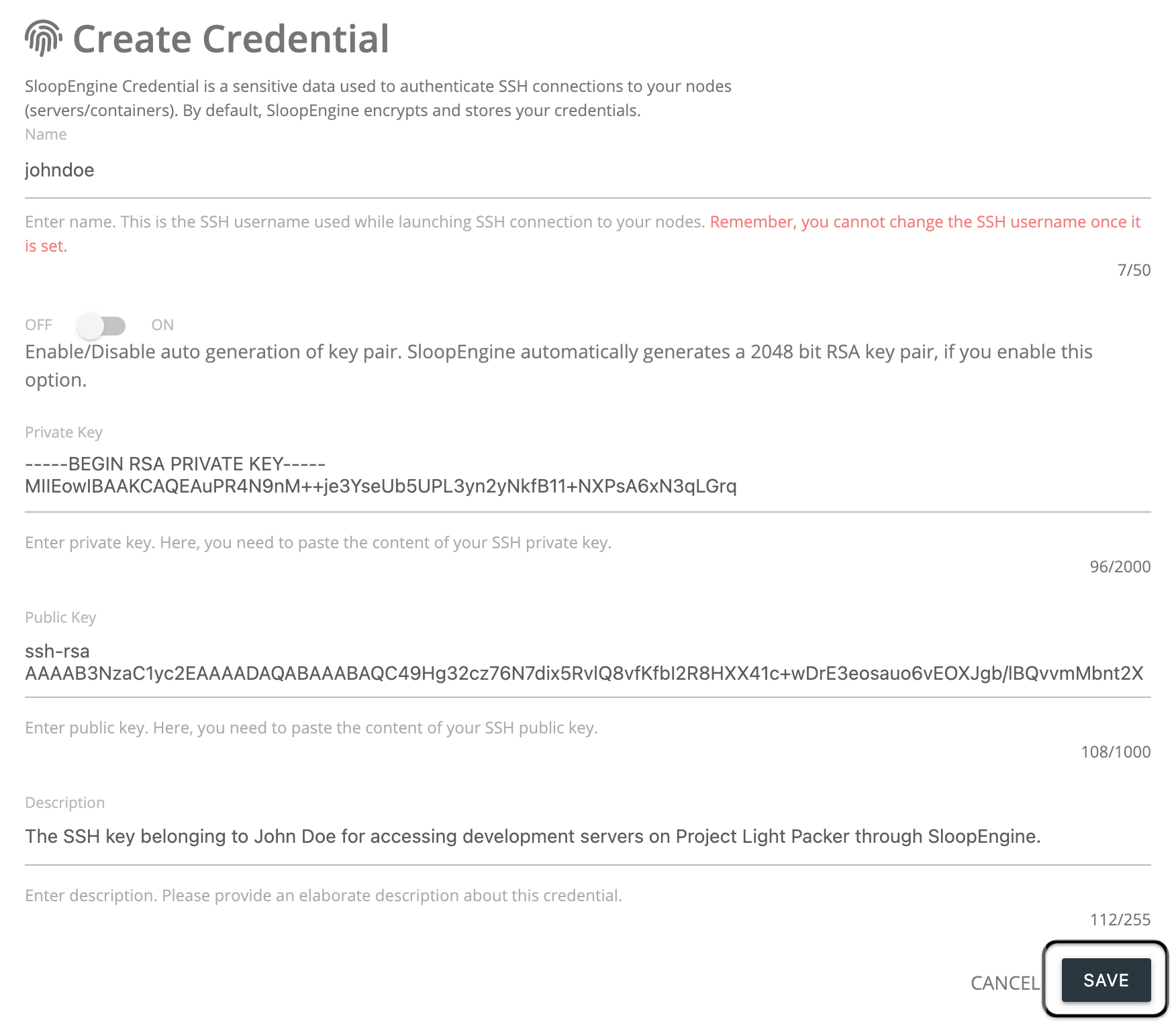 Screenshot of credential creation form with valid information.