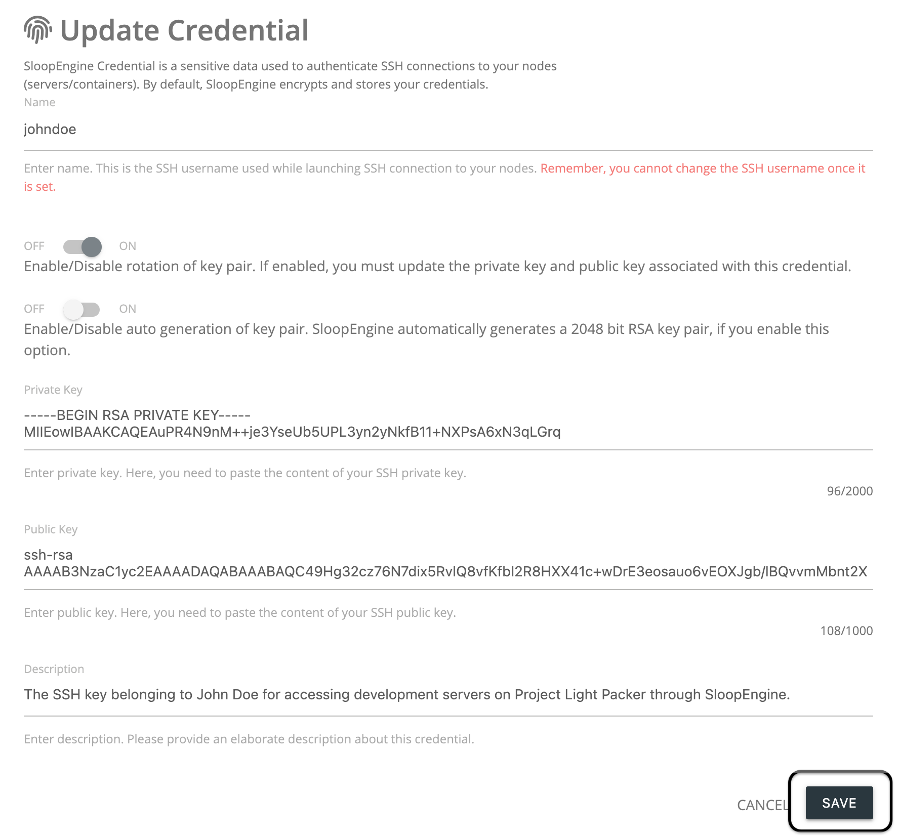 Screenshot of credential updation form with valid information.