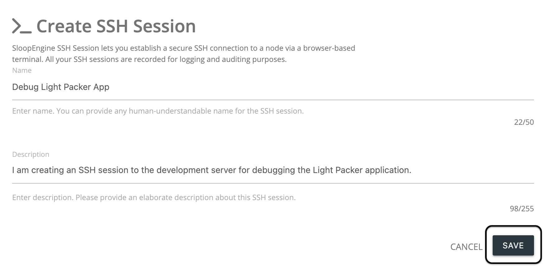 Screenshot of the SSH session creation form with valid information.