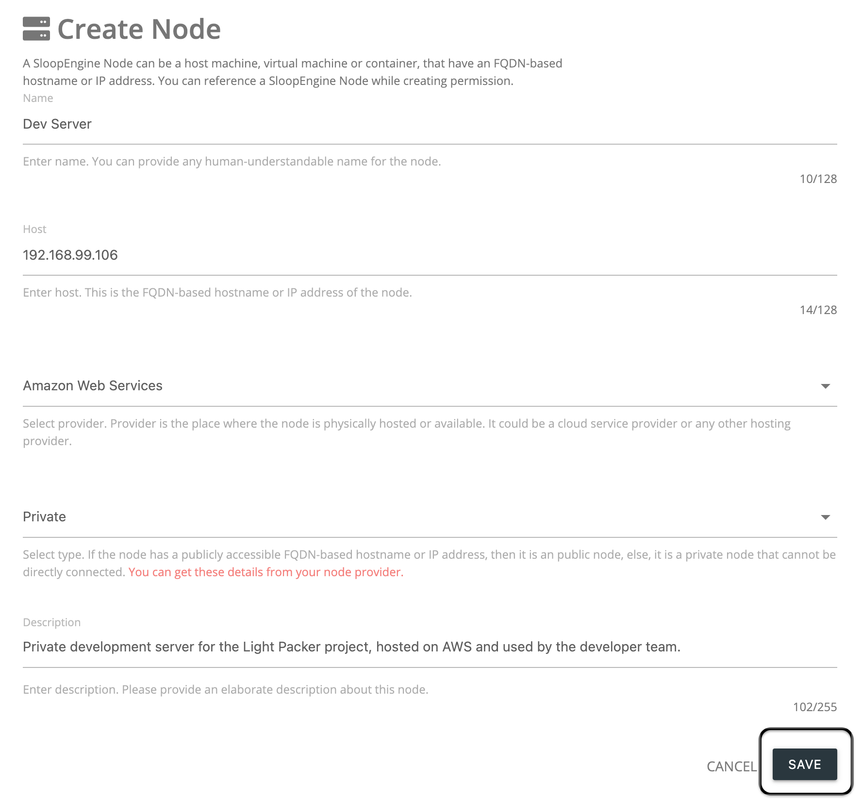 Screenshot of node creation form with valid information.