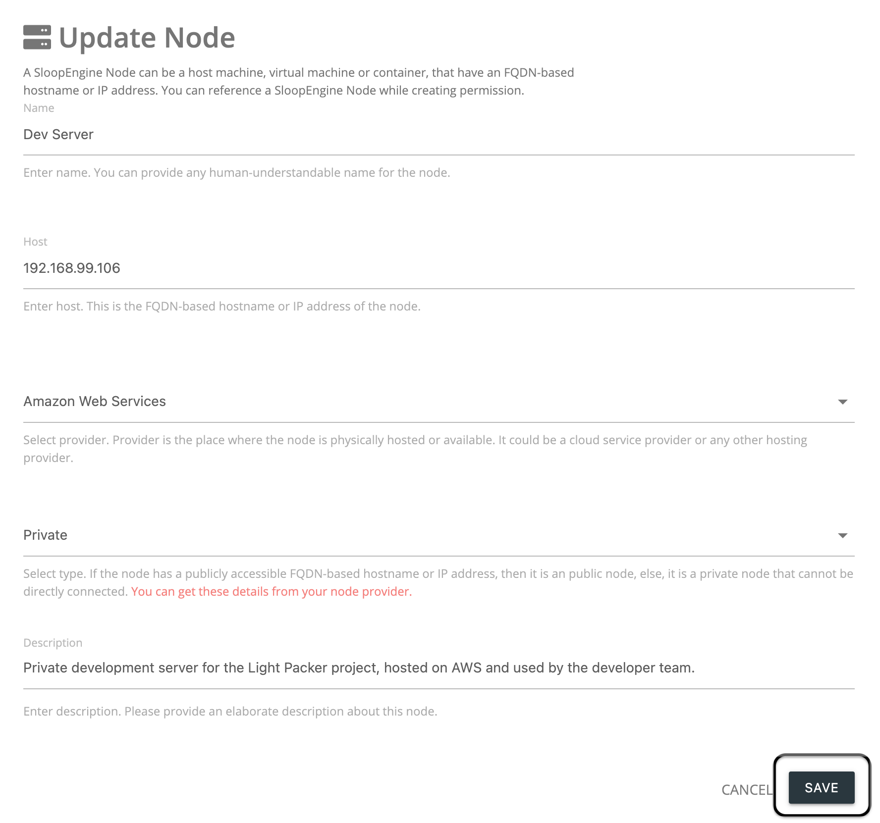 Screenshot of node updation form with valid information.