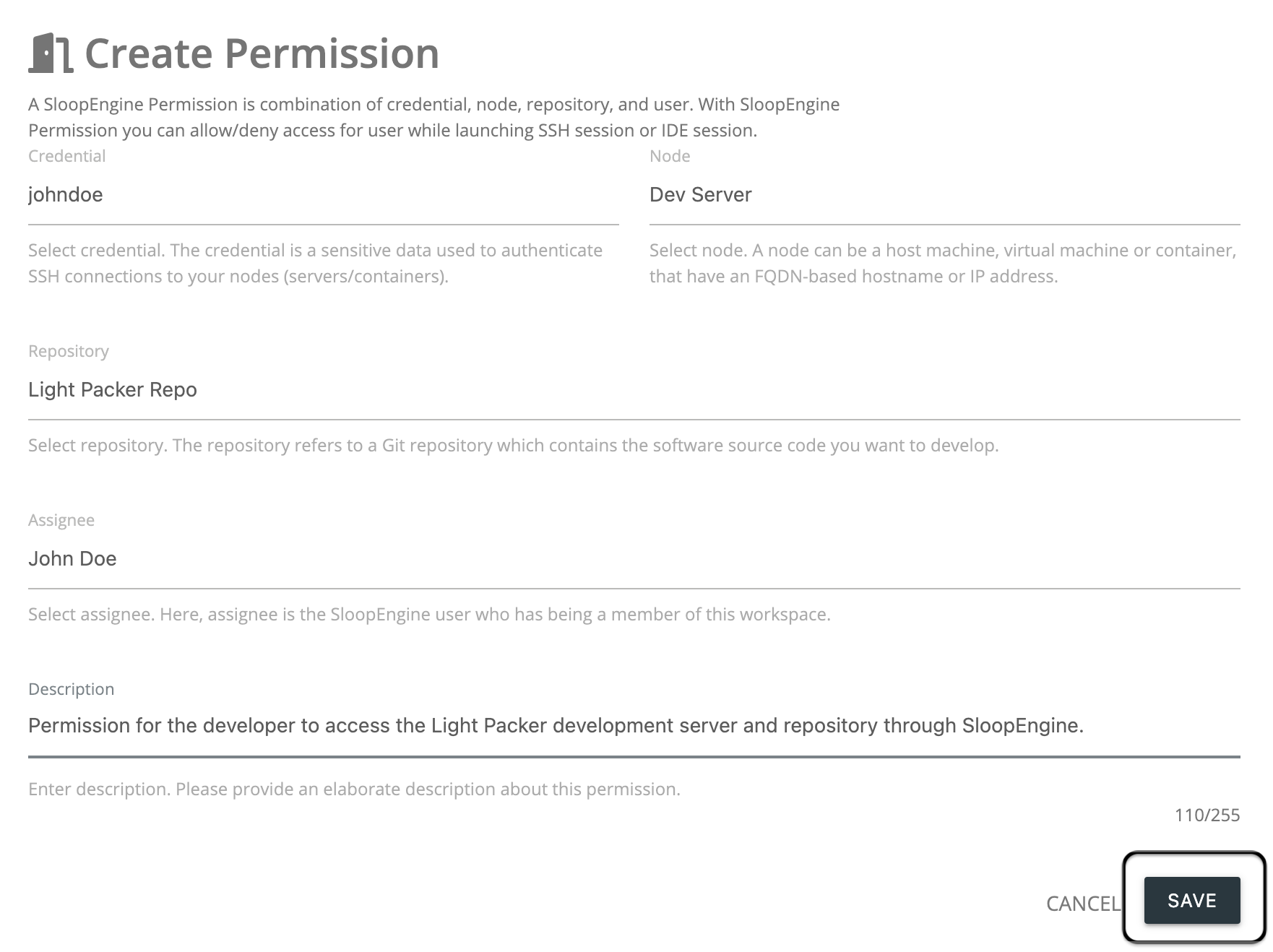 Screenshot of the permission creation form with valid information.