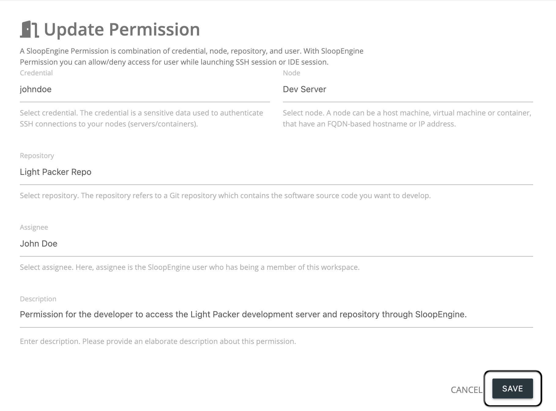 Screenshot of the permission updation form with valid information.