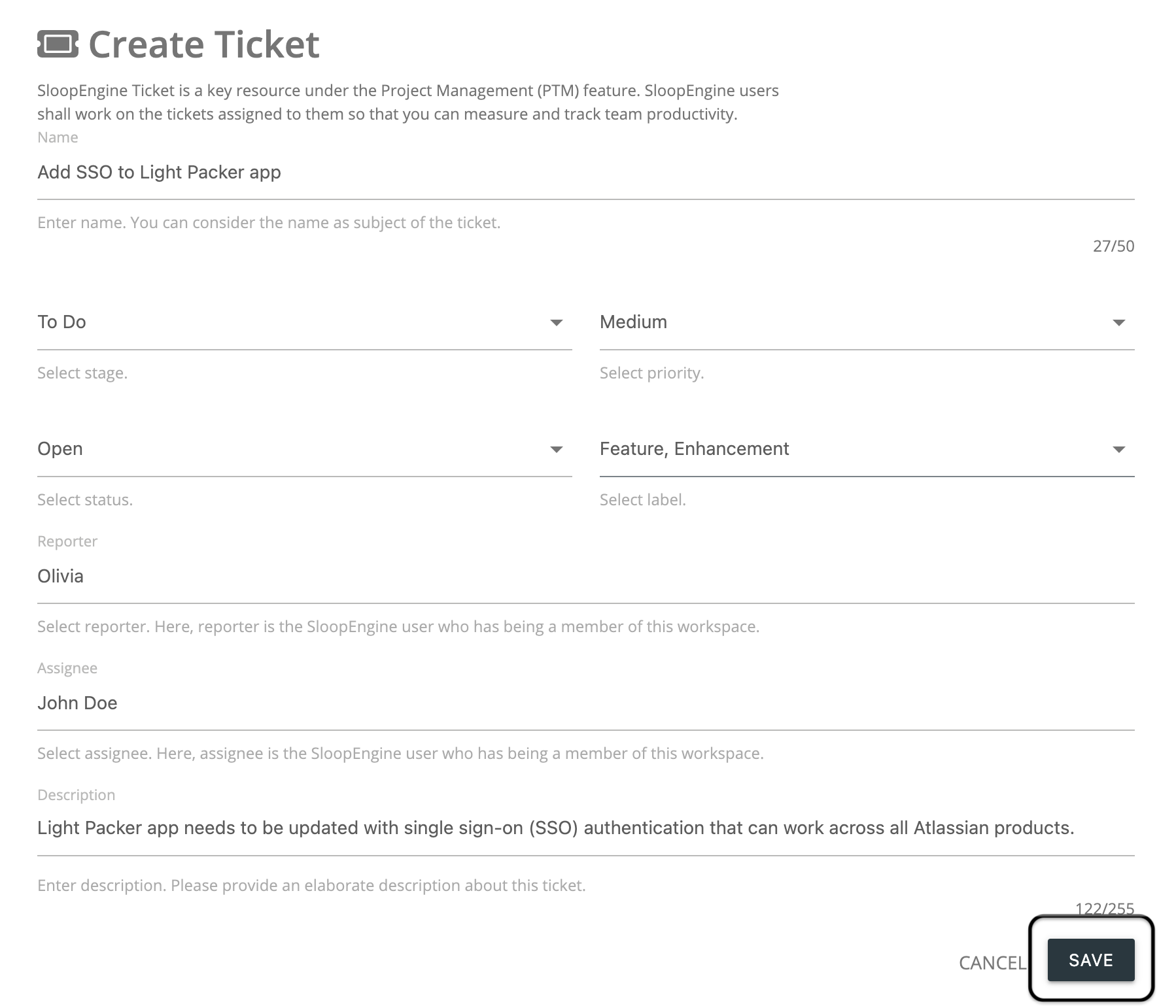 Screenshot of the ticket creation form with valid information.