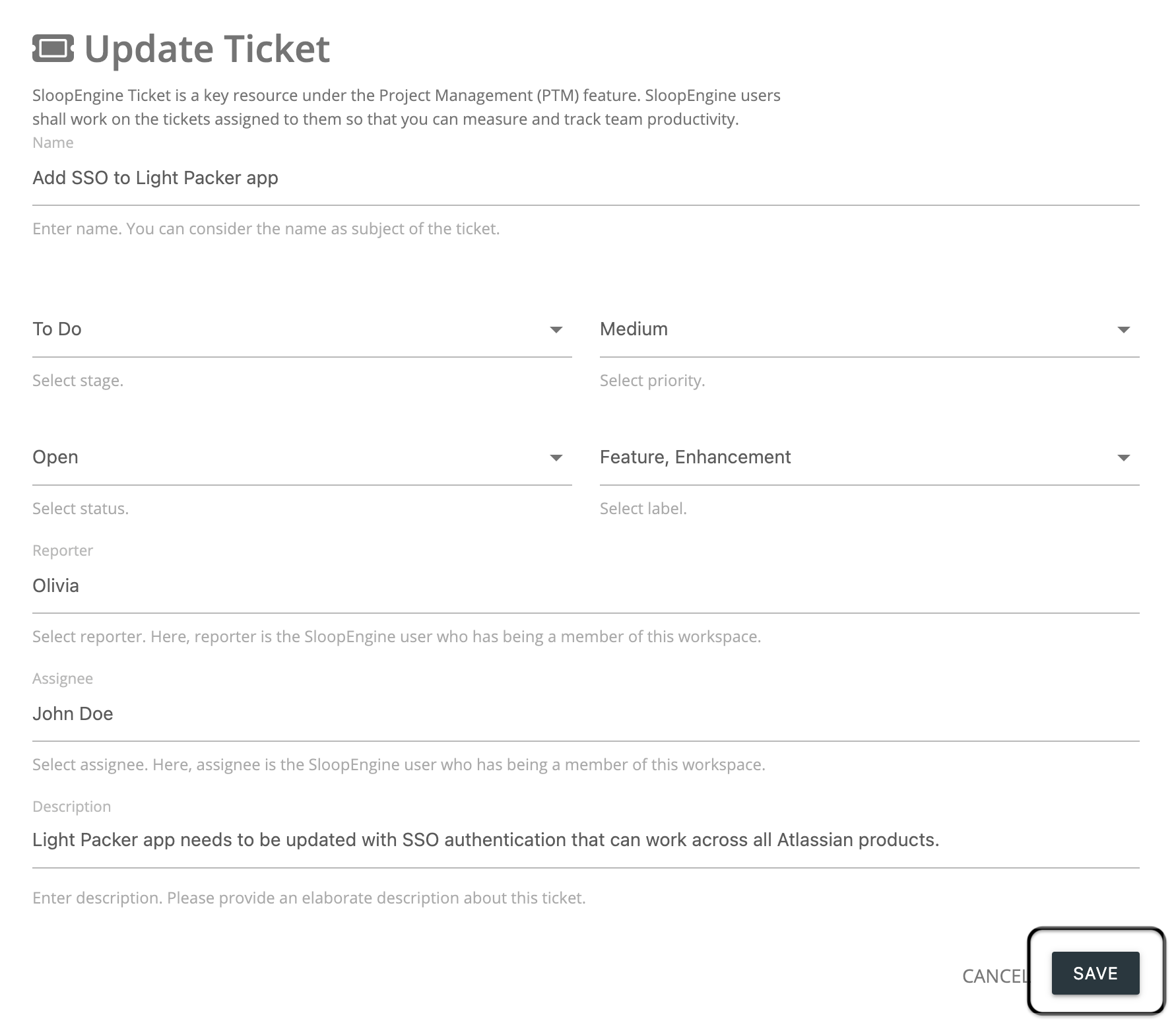 Screenshot of the ticket updation form with valid information.