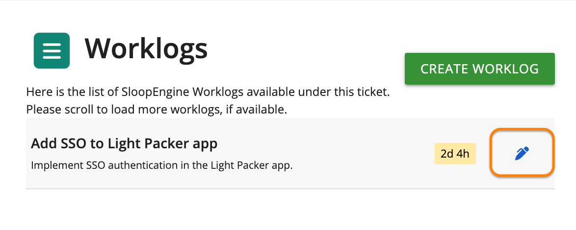 Screenshot of update worklog button highlighted in the ticket page.