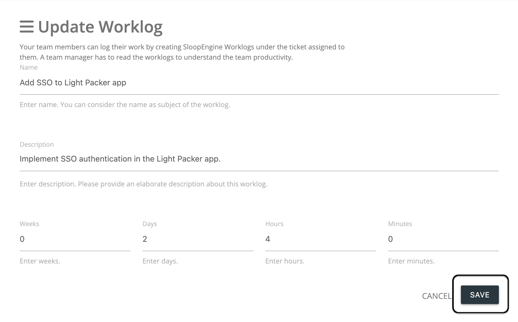 Screenshot of the worklog updation form with valid information.