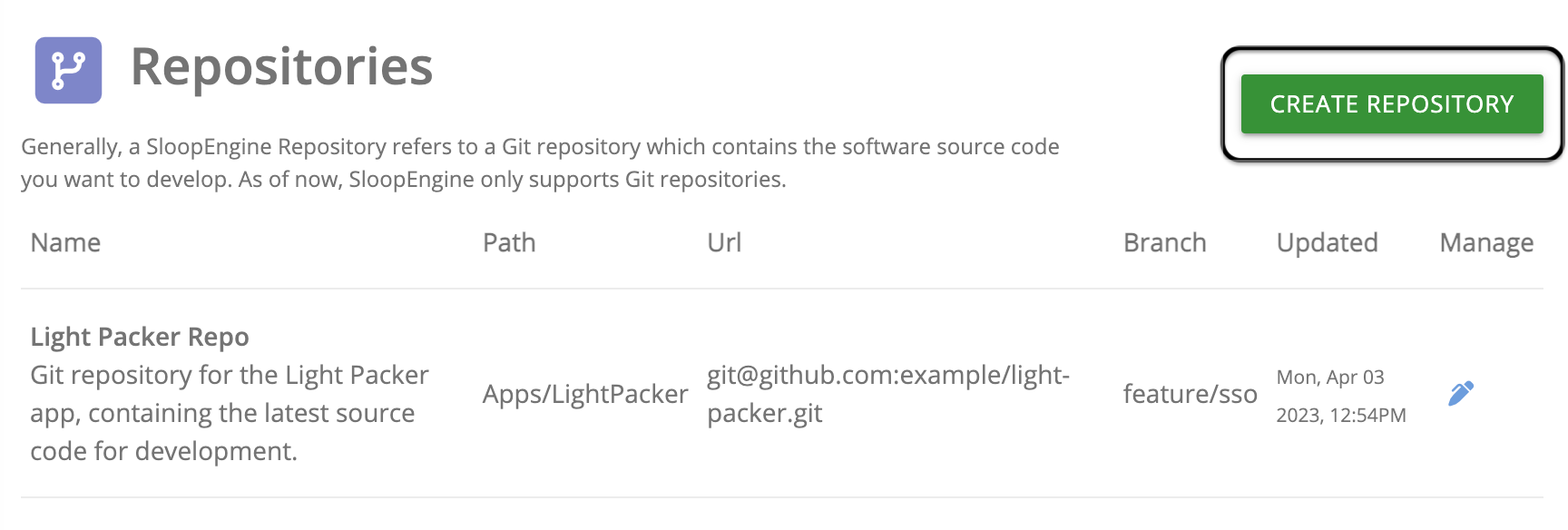 Highlighted create repository button on the repositories page.
