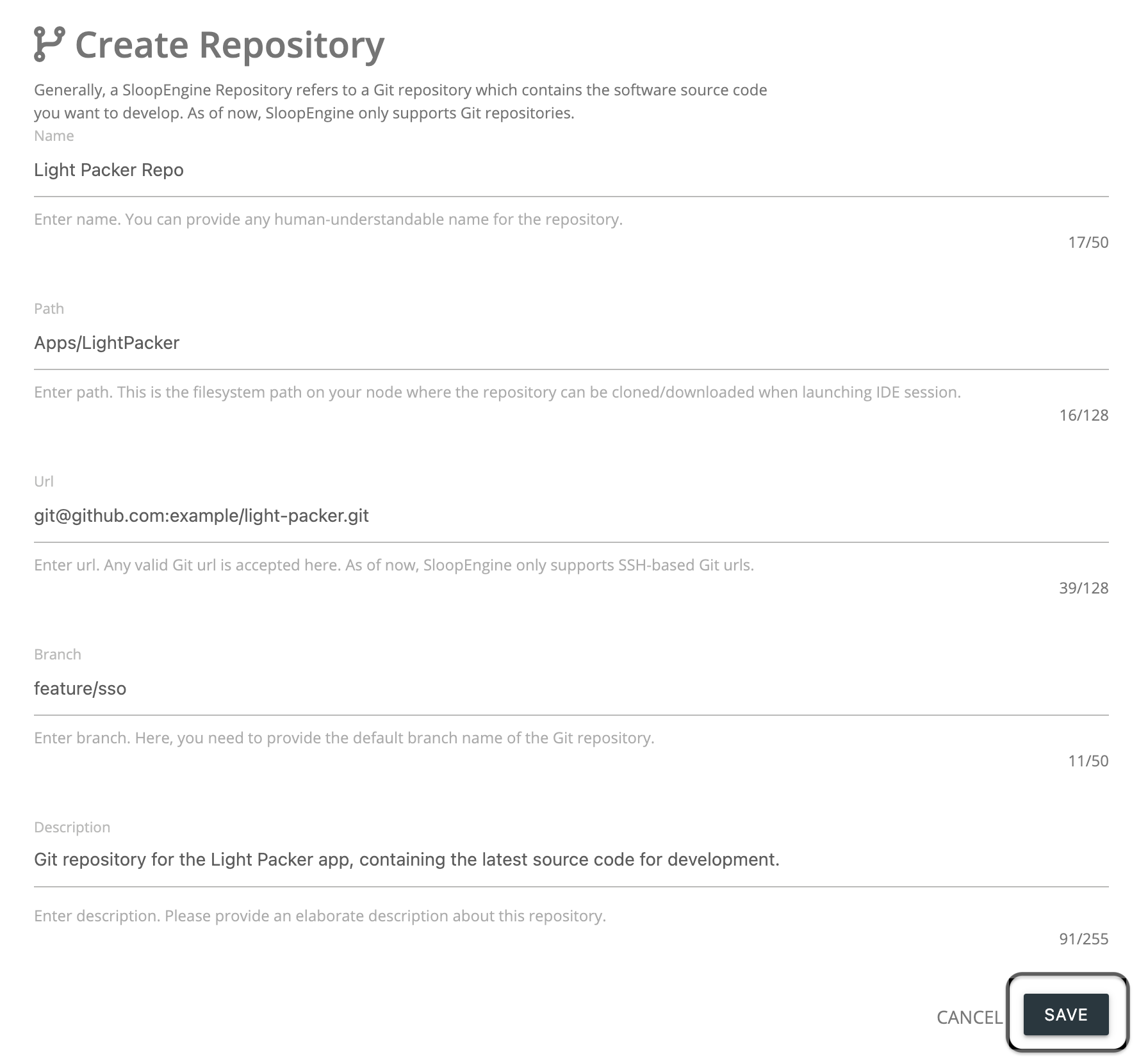 Screenshot of the repository creation form with valid information.