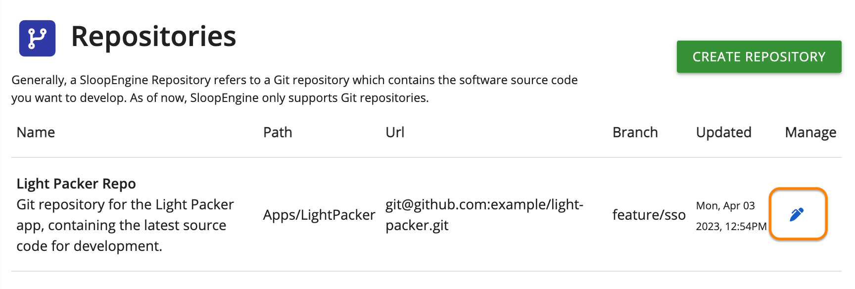 Screenshot of update repository button highlighted in the repositories page.