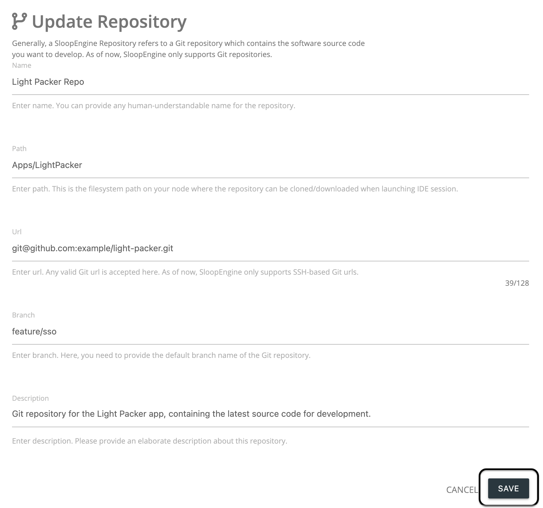 Screenshot of the repository updation form with valid information.