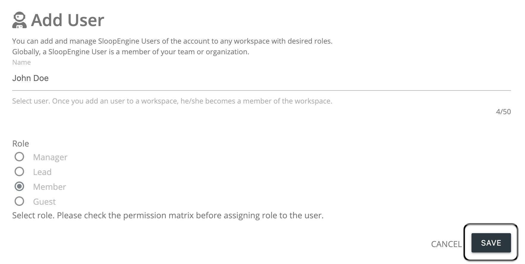 Screenshot of the add user creation form with valid information.