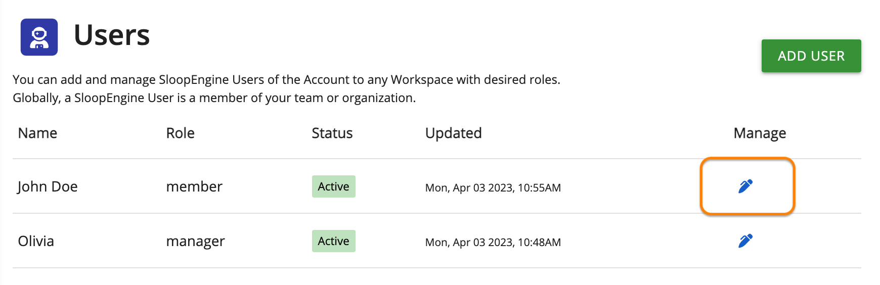 Highlighted update button on the specific workspace user.